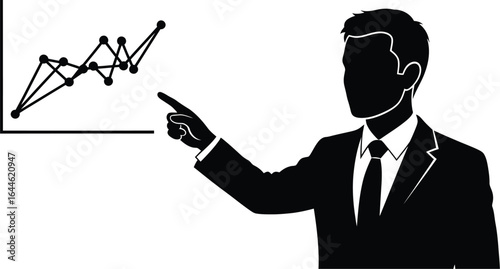 A businessman is pointing to a graph, explaining data, and giving a presentation he is wearing a suit and tie, and he looks like a professional executive
