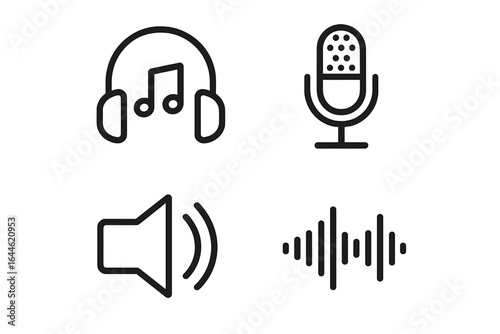 Audio icons collection. Line art vector set with music and sound symbols. Headphone for listening, microphone for podcast or recording, speaker for volume, sound wave equalizer.