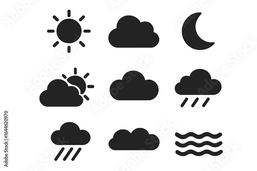 Simple weather icon set. Black silhouette graphic elements for meteorology forecast. Vector illustration of sun, cloud, moon, rain, storm, and water waves for web UI.