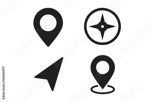 Navigation icon set with map pin, compass, and location marker. Simple vector glyphs for GPS, UI design, web mapping, and travel apps. Directional symbols and route concepts.