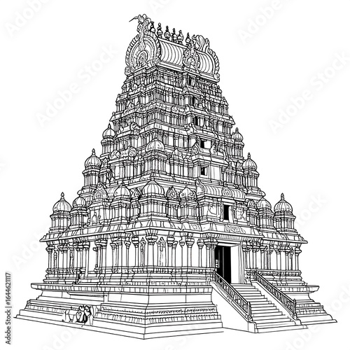 Detailed architectural drawing of a South Indian temple