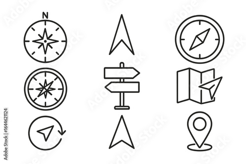 Navigation and direction line icon set. Vector compass, map, GPS locator pin, and arrow symbols. Travel, adventure, and exploration concepts for web and app design.