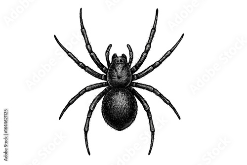 Hand drawn scary spider illustration. Halloween arachnid symbol. Vintage tattoo design. Retro horror insect sketch for print. Isolated monochrome wildlife vector graphic.