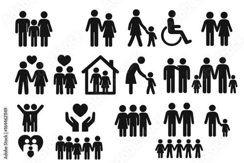 Family icon set. Black silhouette pictograms of diverse relationships. Parents, children, couples, disabled person, love, home, parenting, community, social connection.