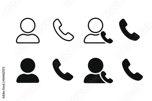 Contact icon set with user avatar and phone symbols. Outline and silhouette vector design for user interface. Communication, call buttons for app and social media profile.