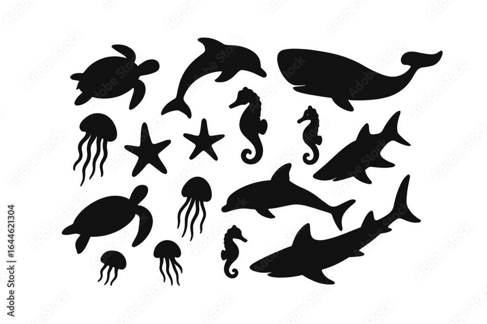 Fototapeta premium Ocean animal silhouette vector collection. Set of sea creatures and marine life icons. Includes turtle, dolphin, whale, shark, jellyfish, seahorse, and starfish designs.