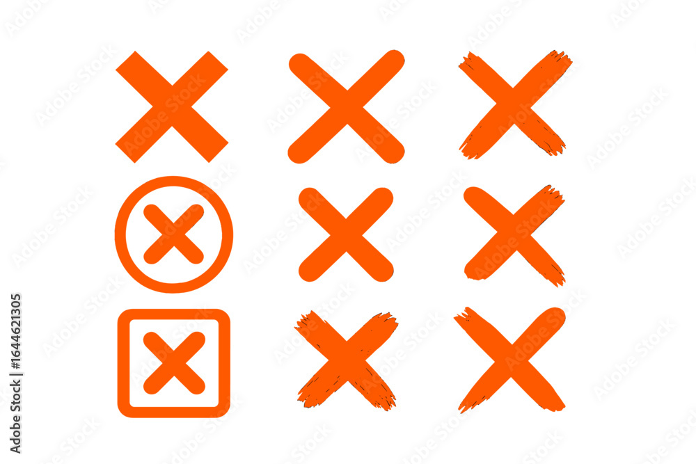 Fototapeta premium Orange cross mark icon collection. Hand-drawn X symbols with grunge and brush stroke styles. No sign, wrong choice, error button, decline vote, delete element vector.