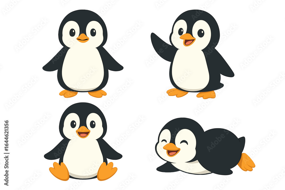 Obraz premium Cute penguin character vector set. Adorable baby animal cartoon collection in different poses: standing, waving, sitting, sliding. Happy comic mascot for children's books.