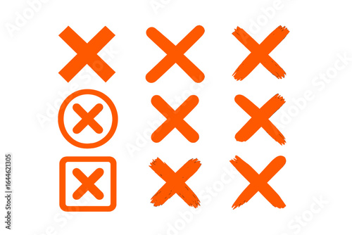 Orange cross mark icon collection. Hand-drawn X symbols with grunge and brush stroke styles. No sign, wrong choice, error button, decline vote, delete element vector.