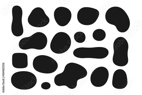 Set of abstract black organic shapes. Collection of irregular liquid blobs and fluid forms. Minimalist modern graphic design elements. Vector spots, pebbles and stones.