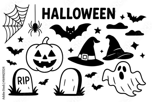 Halloween icons set. Spooky holiday graphic collection with pumpkin, ghost, bat, witch hat, spider, web, and tombstone. Cute creepy doodle vector illustrations for party.