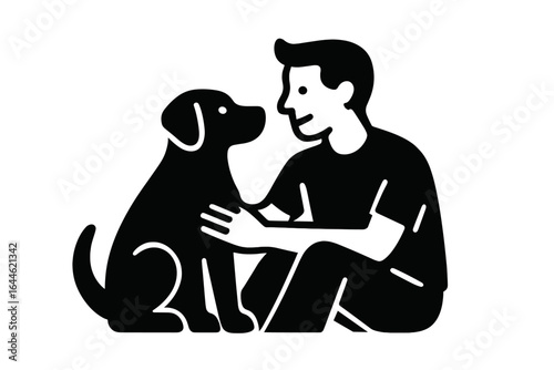 Man and dog friendship icon. Pet owner petting his puppy. Human and animal bond. Simple minimalist vector logo for vet clinic, pet shop or animal shelter concept.