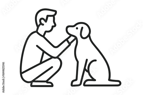 Man petting dog line icon. Human and animal friendship, love, care concept. Pet owner with his canine friend. Simple minimal vector illustration for vet, adoption, shelter.