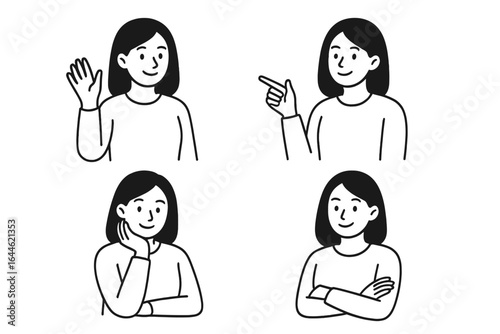 Set of a young woman character in different poses and gestures. Girl waving, pointing, thinking, and with arms crossed. Hand-drawn minimalist line art vector illustration pack.