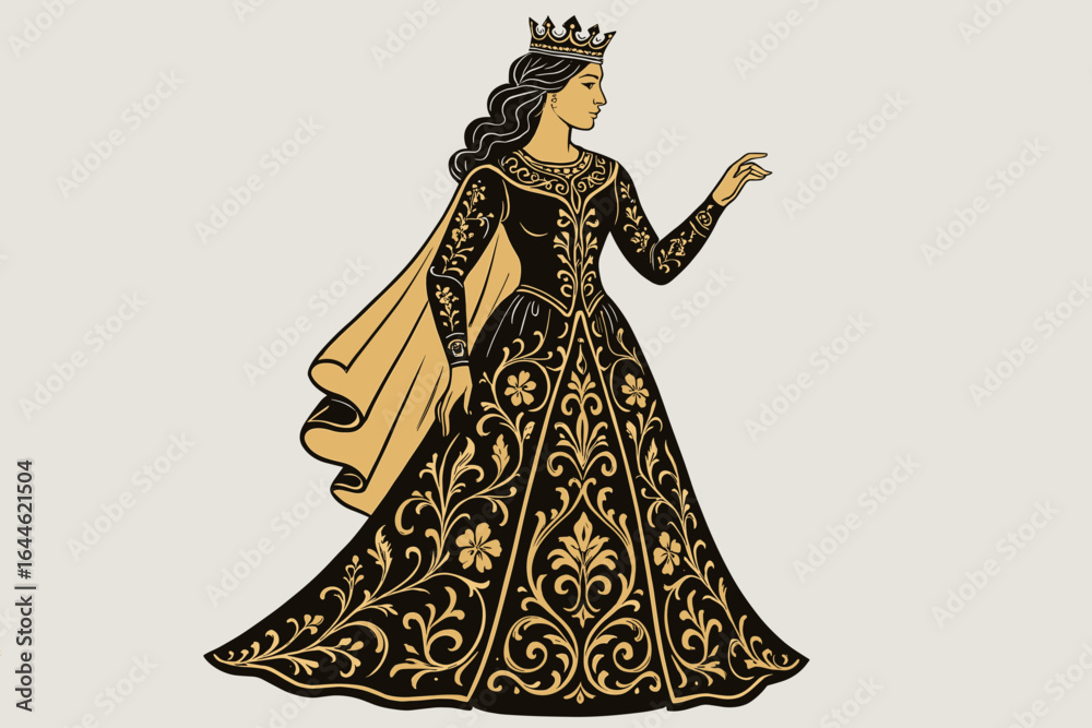 Queen in profile wearing a crown and a regal black and gold gown with floral damask ornament. Medieval princess or empress character for fantasy, fairytale, or history concepts. Queen in profile wearing a crown and a regal black and gold gown with floral damask ornament. Medieval princess or empress character for fantasy, fairytale, or history concepts.