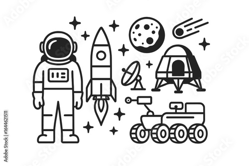 Space exploration icon set. Vector line art collection. Astronaut, rocket, moon, rover, lander, satellite, comet, stars. Universe, cosmos, science, technology graphic elements.