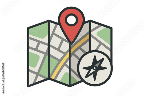 Map icon with location pin and compass. GPS navigation vector. Travel & tourism symbol. Route destination pointer for digital interfaces. Direction finding illustration.