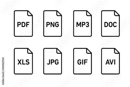 File format line icon set. Collection of document type symbols like PDF, PNG, MP3, DOC, XLS, JPG, GIF, AVI. Simple thin line vector icons for web and mobile design.