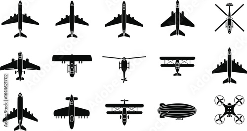 A collection of black silhouettes showing various aircraft from a top-down perspective, including planes, helicopters, a drone, and a blimp.