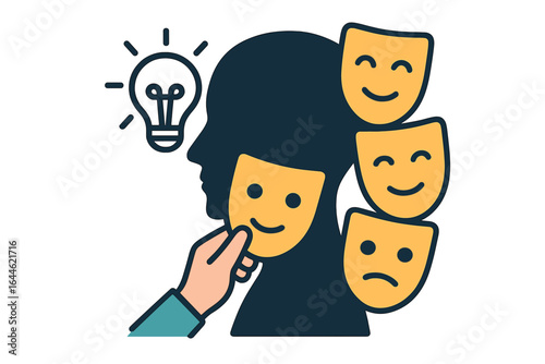 Metaphor of imposter syndrome, psychology and mental health. Hand holding face mask. Different emotions. Personality, identity and character study. Idea lightbulb.