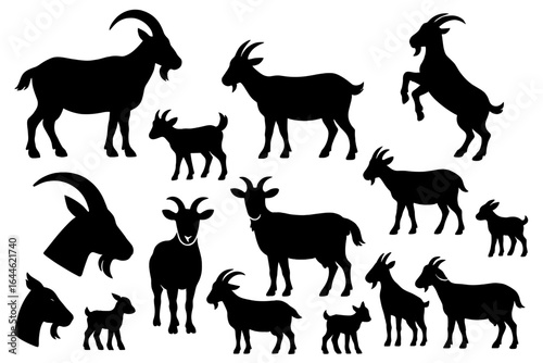 Goat silhouette vector collection. Farm animal livestock icons set. Billy goat, nanny, and kid in various poses. Rearing goat. Black isolated shapes on white background.