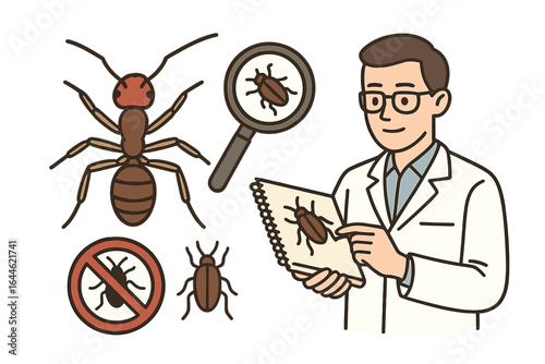 Entomologist studying insects vector illustration set. Pest control concept with ant, bug, magnifying glass, and prohibition sign. Science and educational content.