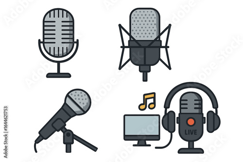 Microphone icon set for podcast and broadcast. Audio recording equipment for streaming, music, radio, and studio work. Vector illustration of different mics for live sound.
