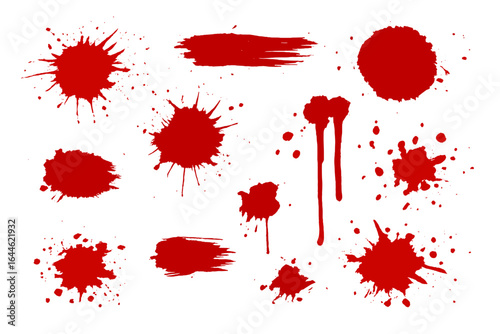 Red ink splatters and blood splatter vector set. Abstract paint spots and grunge design elements. Messy creative graphic art illustration. Texture brush strokes and drips.