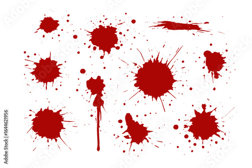 Red ink splatters, blood splatter vector set. Grunge paint spots and messy splashes. Abstract texture for horror or Halloween design. Dripping bloodstain graphic elements.