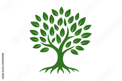 Green tree of life logo. Vector icon with roots for branding. Eco friendly symbol for nature, ecology, growth, environment, and wellness. Abstract graphic element design.