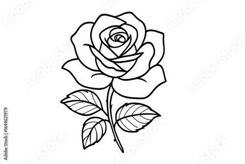 Single rose line art. Botanical vector illustration for tattoos, logos, coloring pages. Minimalist floral design element. Black and white flower outline for romantic themes.