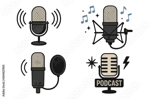 Microphone icon set for podcast and music. Mic collection for audio recording, streaming, and broadcasting. Sound studio equipment vector illustration. Radio broadcast symbol.