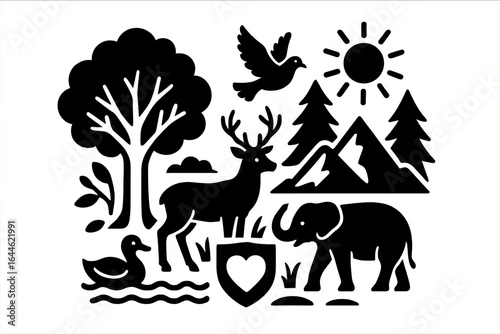Wildlife conservation concept vector. Animal protection icon set with deer, elephant, bird, and duck. Nature landscape with mountains, trees, and sun. Environmental care symbol.