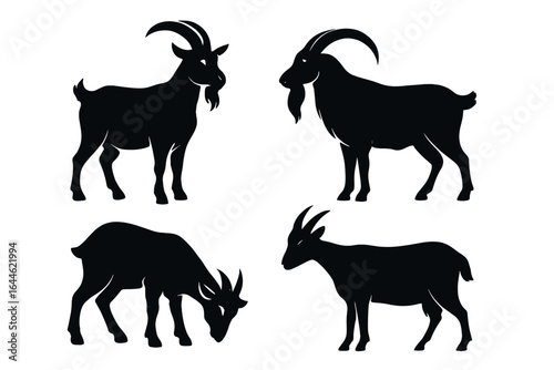 Set of goat silhouettes. Vector icons of domestic farm animals. Collection of black goatling and billy goat illustrations with horns. Isolated livestock for logo or design.