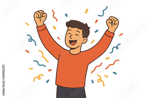 Happy man celebrating win. Joyful person with confetti. Concept success, achievement, victory. Positive emotion. Winner celebrating goal. Party excitement. Vector character.
