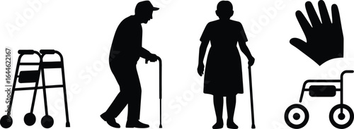 Assisted mobility for elderly icon set featuring senior figures with aids silhouette