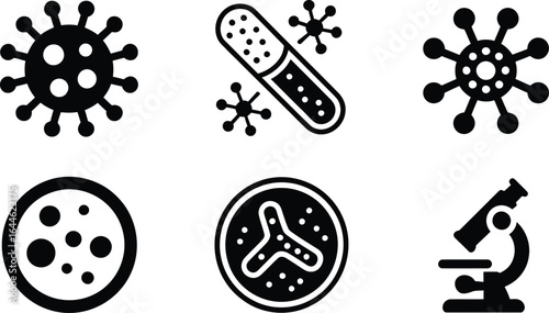 Collection of biological and viral research icons in silhouette style