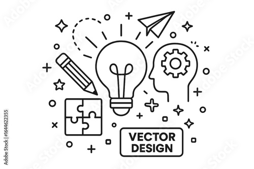 Creative process and innovation line icon. Brainstorming and new idea generation concept. Vector design, problem-solving with puzzle and pencil. Head with gear thinking.