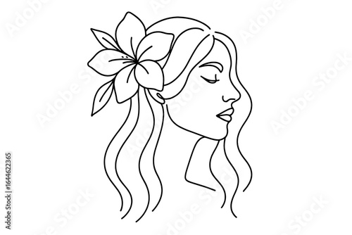 Woman face profile with flower in hair. Continuous line art drawing. Female portrait in minimalist style. Beauty salon, spa, cosmetics logo. Feminine nature concept vector.