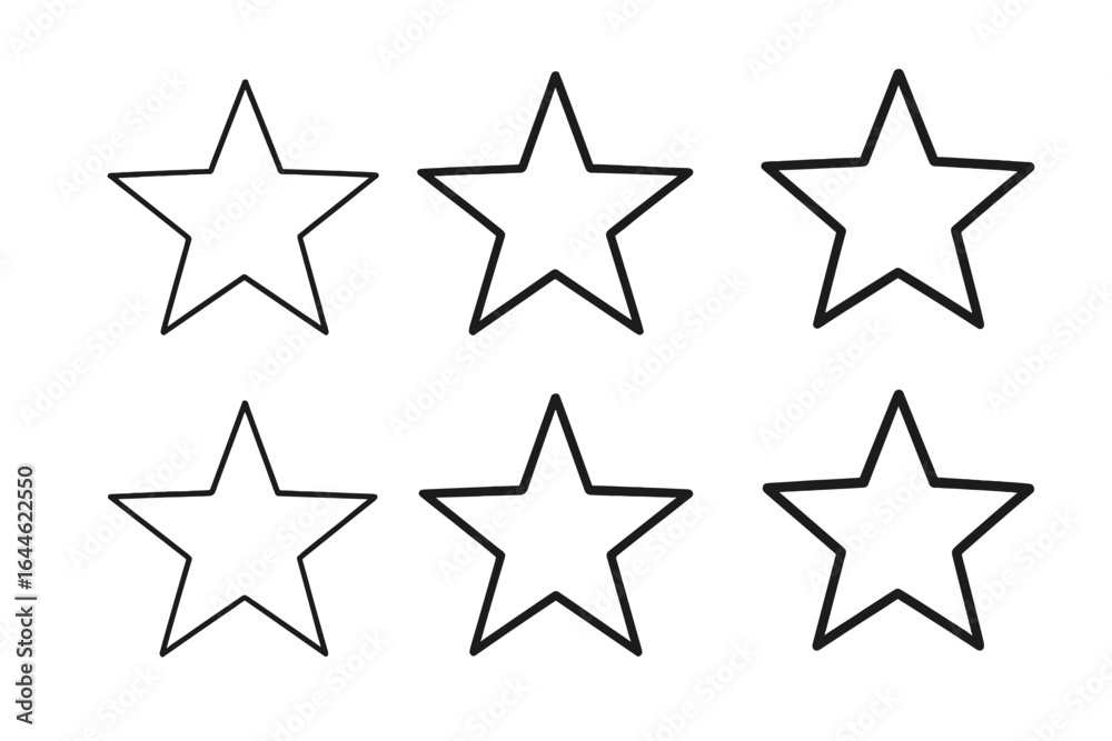 Star outline vector icon set. Hand-drawn doodle stars collection. Simple black line shape illustration. Symbol for rating, quality, favorite, success, and achievement.
