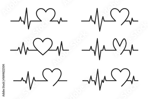 Heartbeat line vector collection. Heart shaped EKG and ECG patterns. Pulse rhythm symbols for health, love, and cardiology designs. Cardiogram wave icon set for medical monitor.