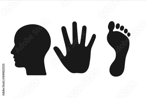 Human head profile silhouette, handprint and footprint vector set, black solid shapes, human anatomy elements, isolated on transparent background, minimalistic design, body parts icons collection