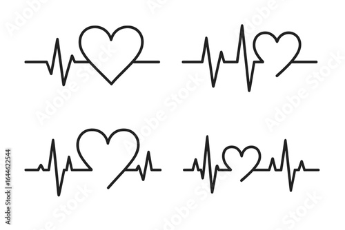 Heartbeat line vector collection. Heart shaped EKG and ECG patterns. Pulse rhythm symbols for health, medicine, love, and cardiology design. Medical cardiogram illustration.
