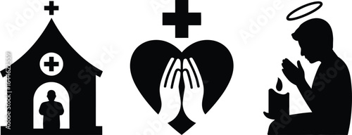 Christian church and prayer icons set featuring religious symbols and worship elements silhouette