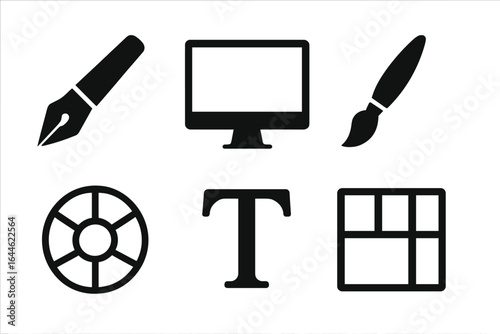 Set of 6 black graphic design icons. Pen tool, computer monitor, paintbrush, color palette, typography T, grid layout. Vector symbols for web, UI, UX, and creative work.