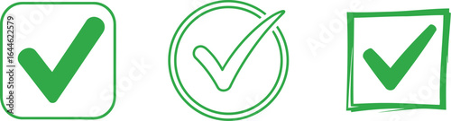 A set of three different green checkmark icons, including solid, outline, and hand-drawn styles, symbolizing approval and success.