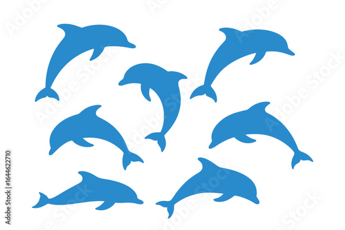 Dolphin vector silhouette set. Blue jumping and swimming dolphins illustration for ocean themed designs. Marine mammal animal graphic element collection on white background.