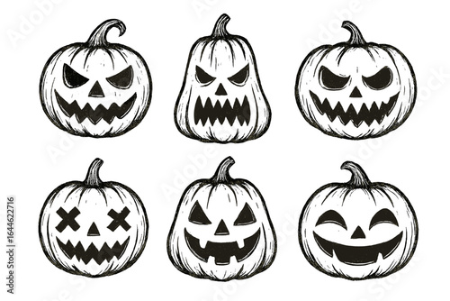 Hand-drawn Halloween pumpkin vector set, spooky jack-o'-lantern faces clipart outline variety, scary and playful expressions, horror theme illustration, autumn decor elements