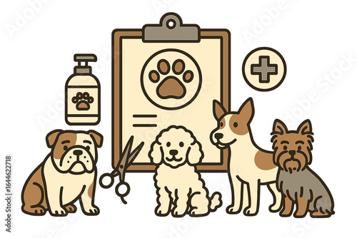 Pet care vector illustration. Veterinary clinic, dog grooming salon concept with icons. English bulldog, poodle, terrier breeds. Animal hospital, health care symbols.