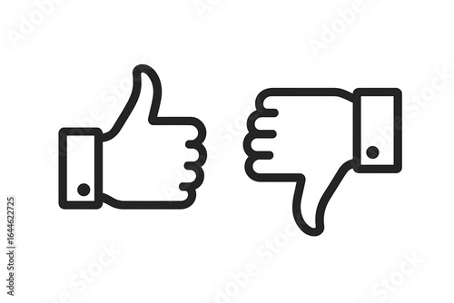 Thumbs up and thumbs down icon set. Like and dislike hand gesture. Positive and negative feedback symbols for rating. Vector illustration for approval or rejection.
